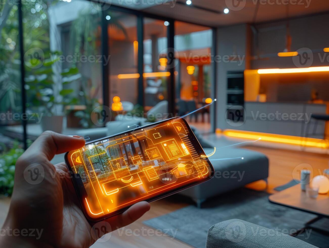 Smart Home Technology. Human hand is holding smart phone with launched Smart home application. photo