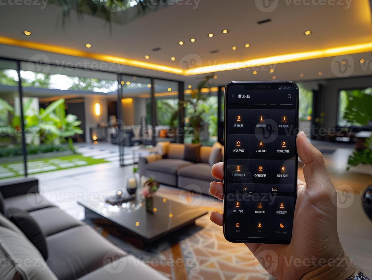 Smart Home Technology. Human hand is holding smart phone with launched Smart home application. photo
