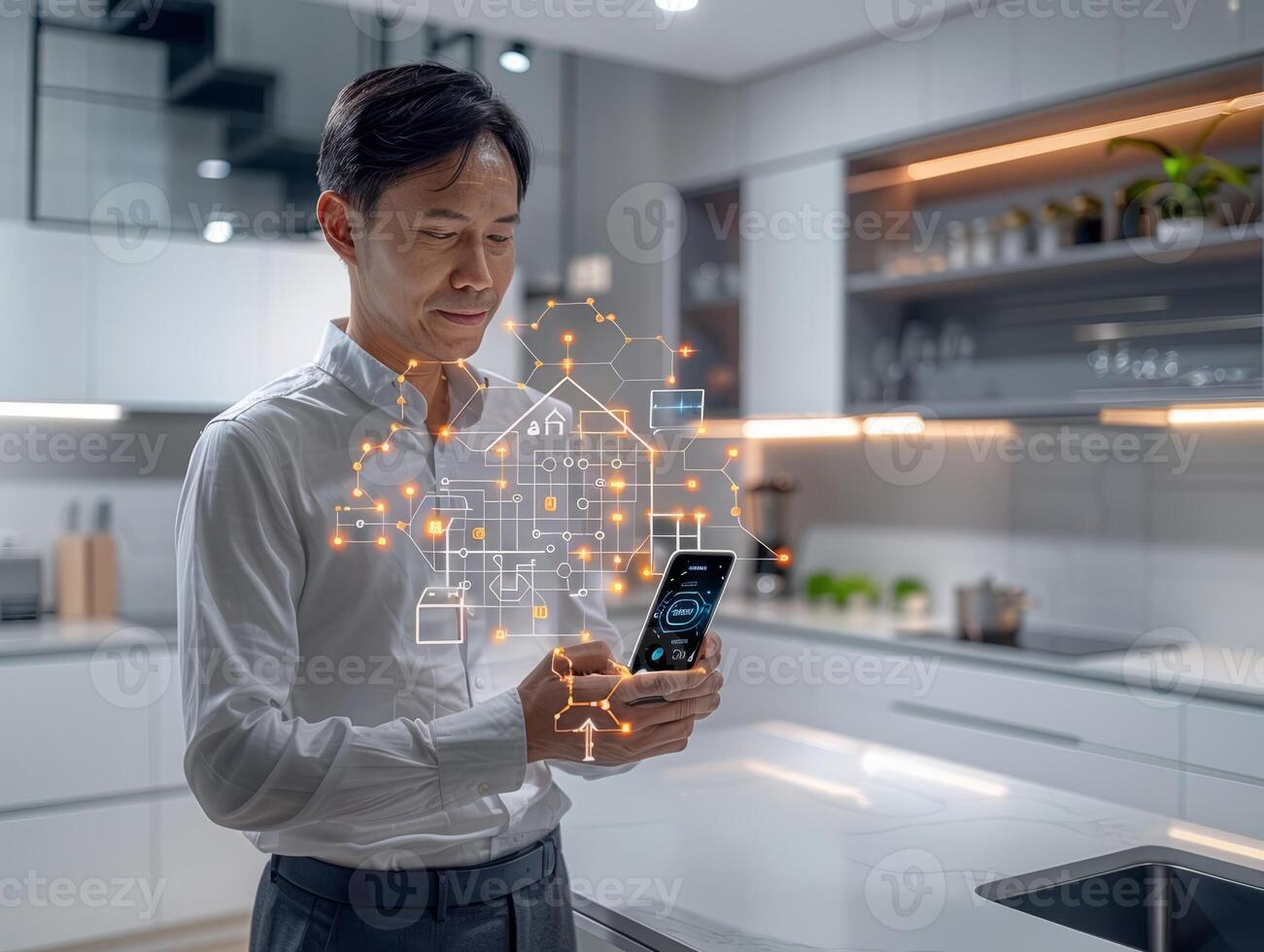 Smart Home Technology. Human hand is holding smart phone with launched Smart home application. photo
