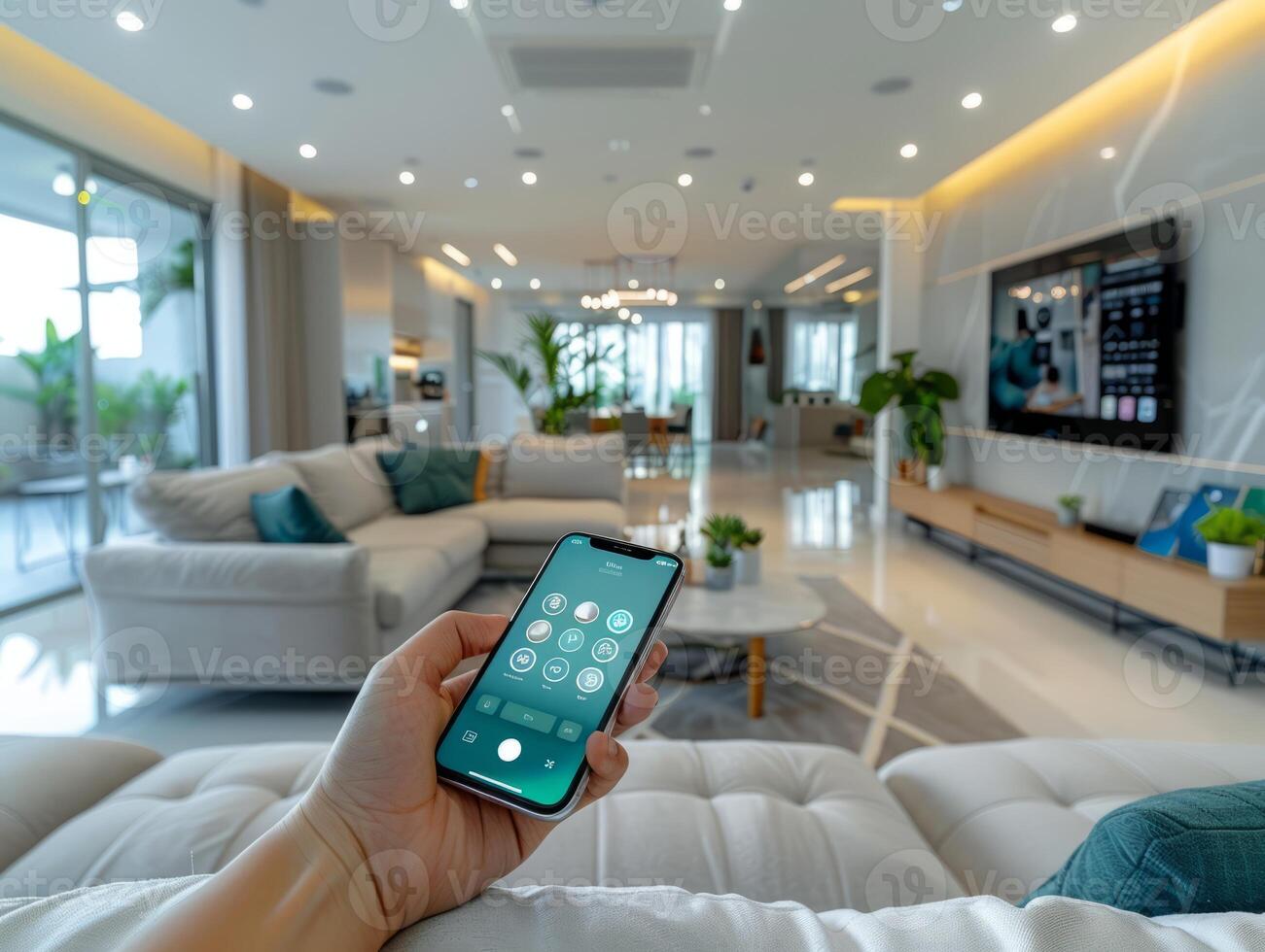 Smart Home Technology. Human hand is holding smart phone with launched Smart home application. photo