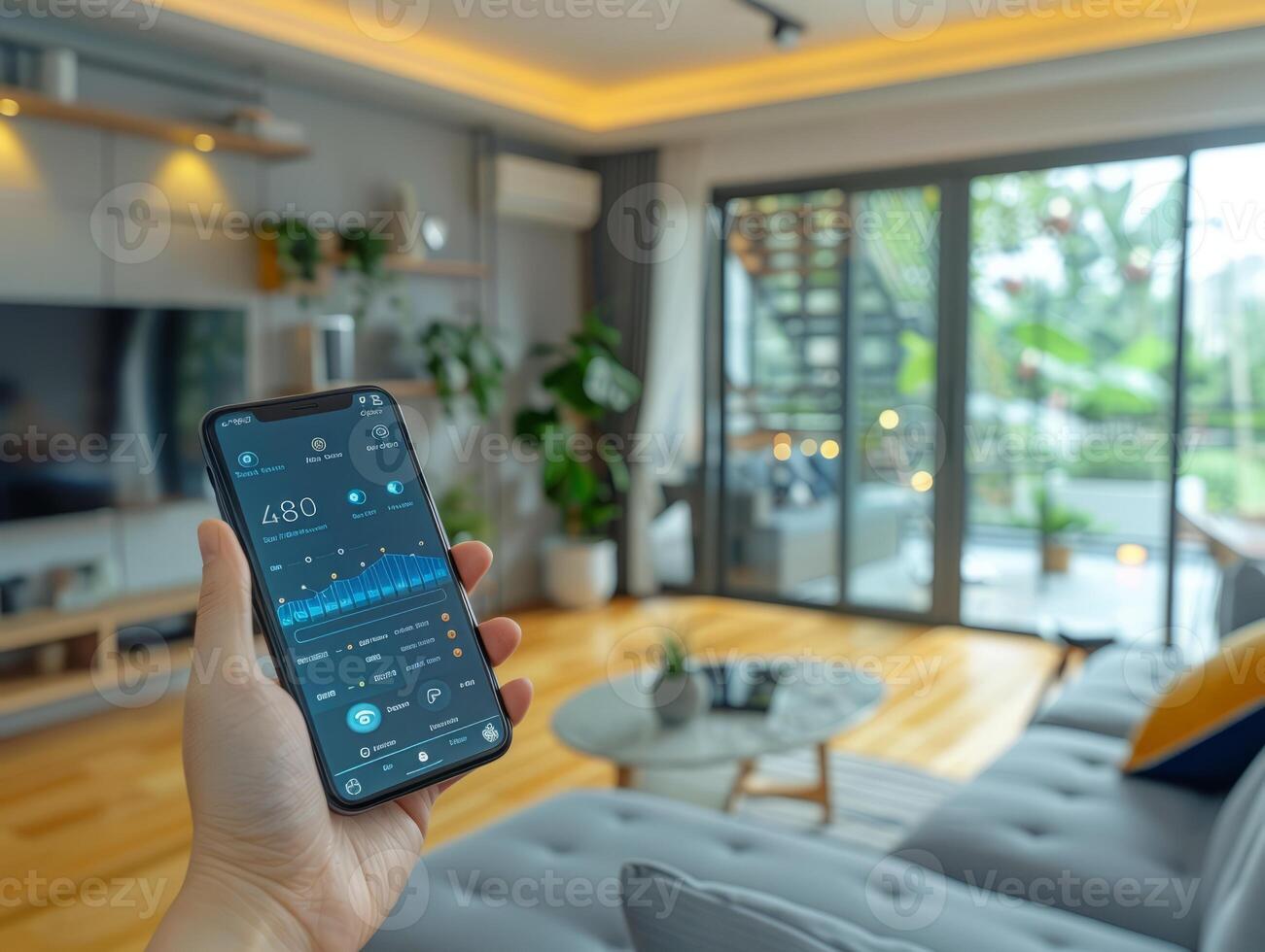 Smart Home Technology. Human hand is holding smart phone with launched Smart home application. photo