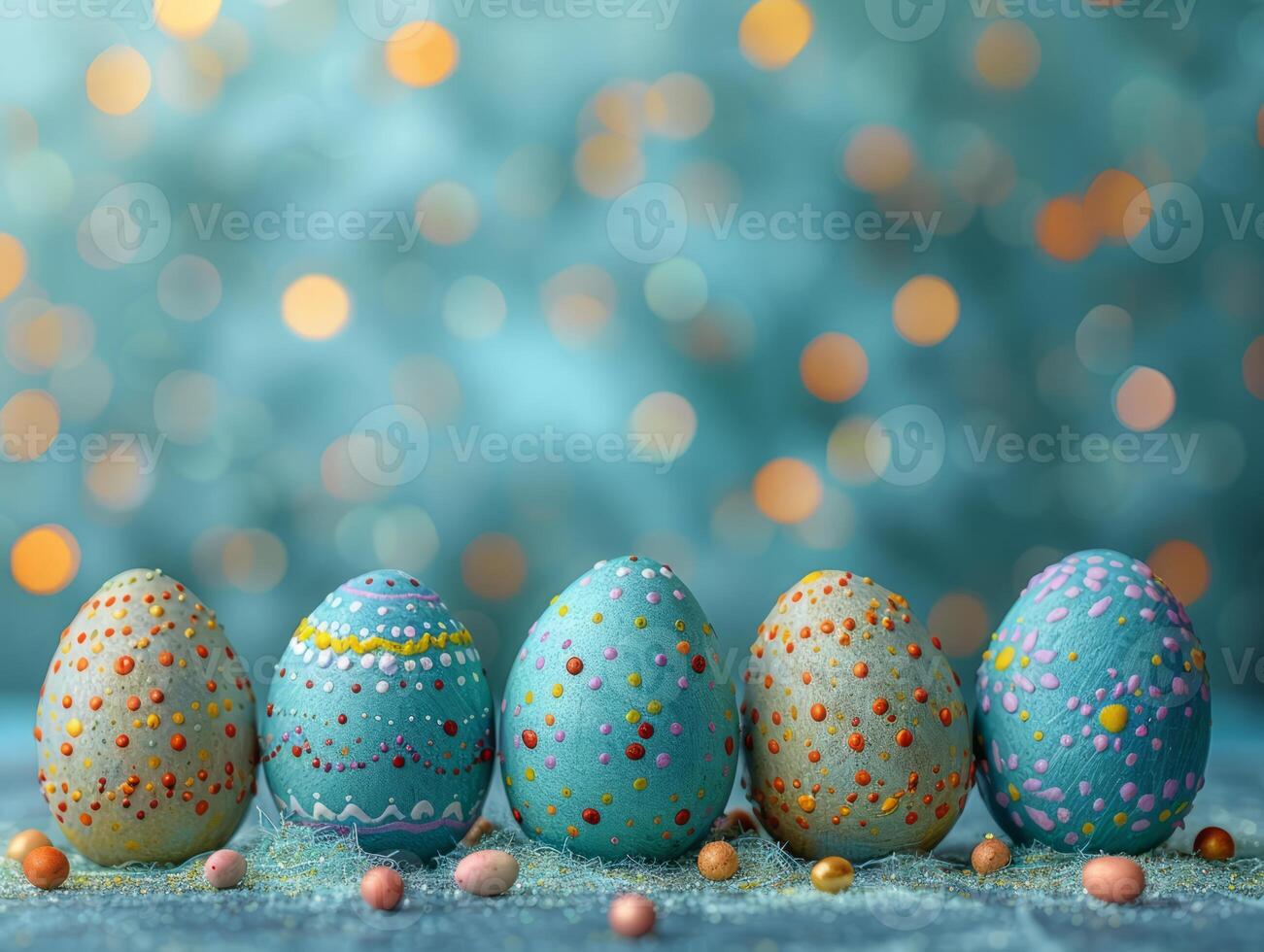Blue Painted Colorful Easter Eggs on Blue Pastel Background. Happy Easter Background. photo