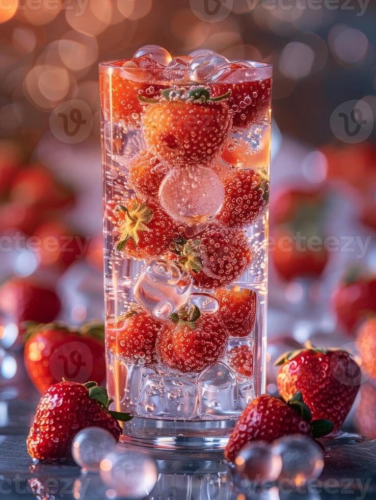 Fresh drink with strawberries and ice cubes. Summer beverage close up. Fresh drink with berries. photo