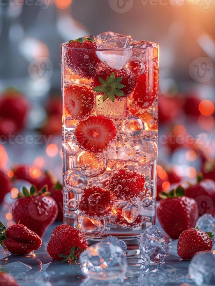 Fresh drink with strawberries and ice cubes. Summer beverage close up. Fresh drink with berries. photo
