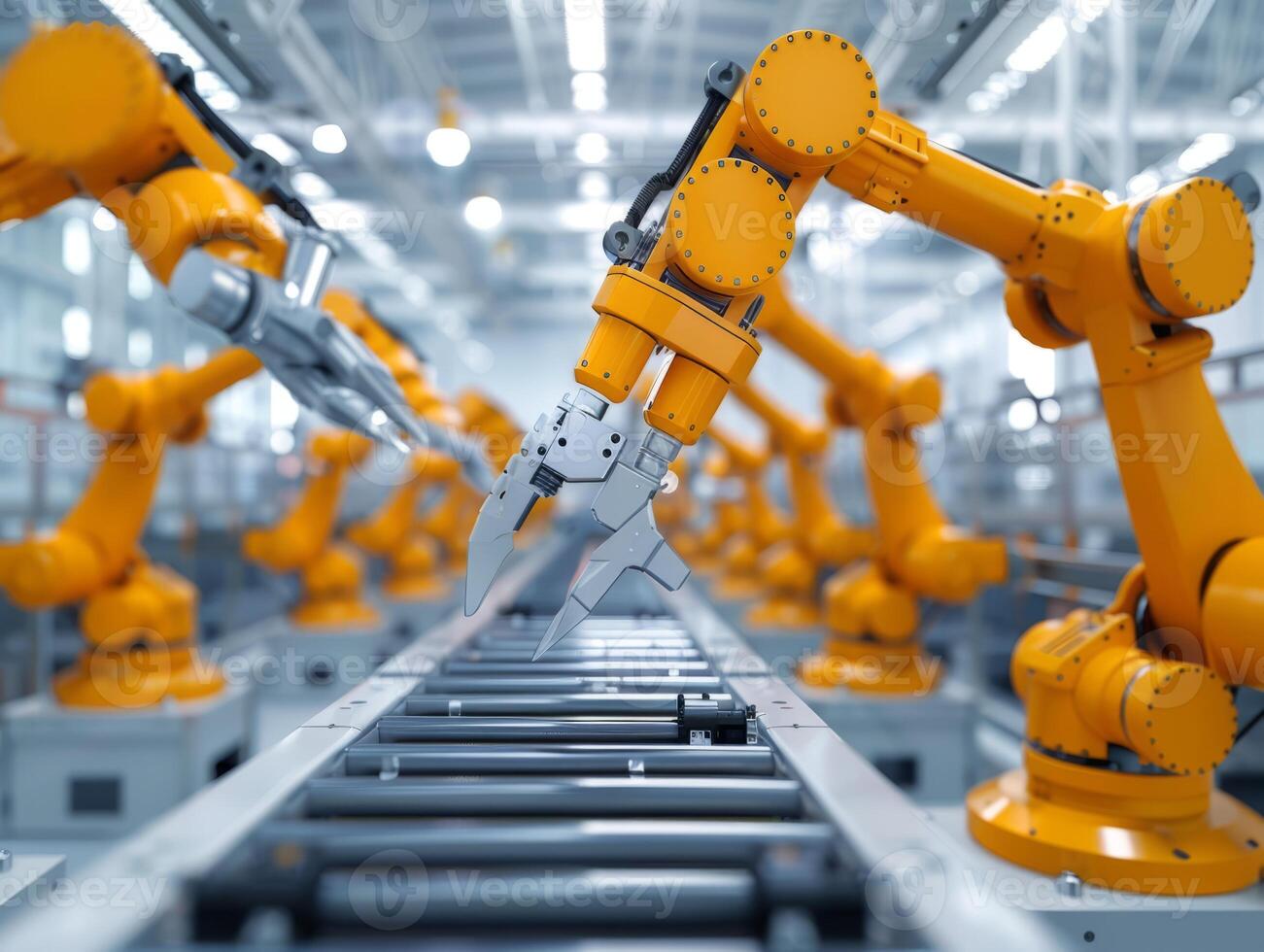 Yellow industrial robot arm at production line at modern factory. Yellow robot arm in maintenance unit. Industrial robot arms in factory. photo