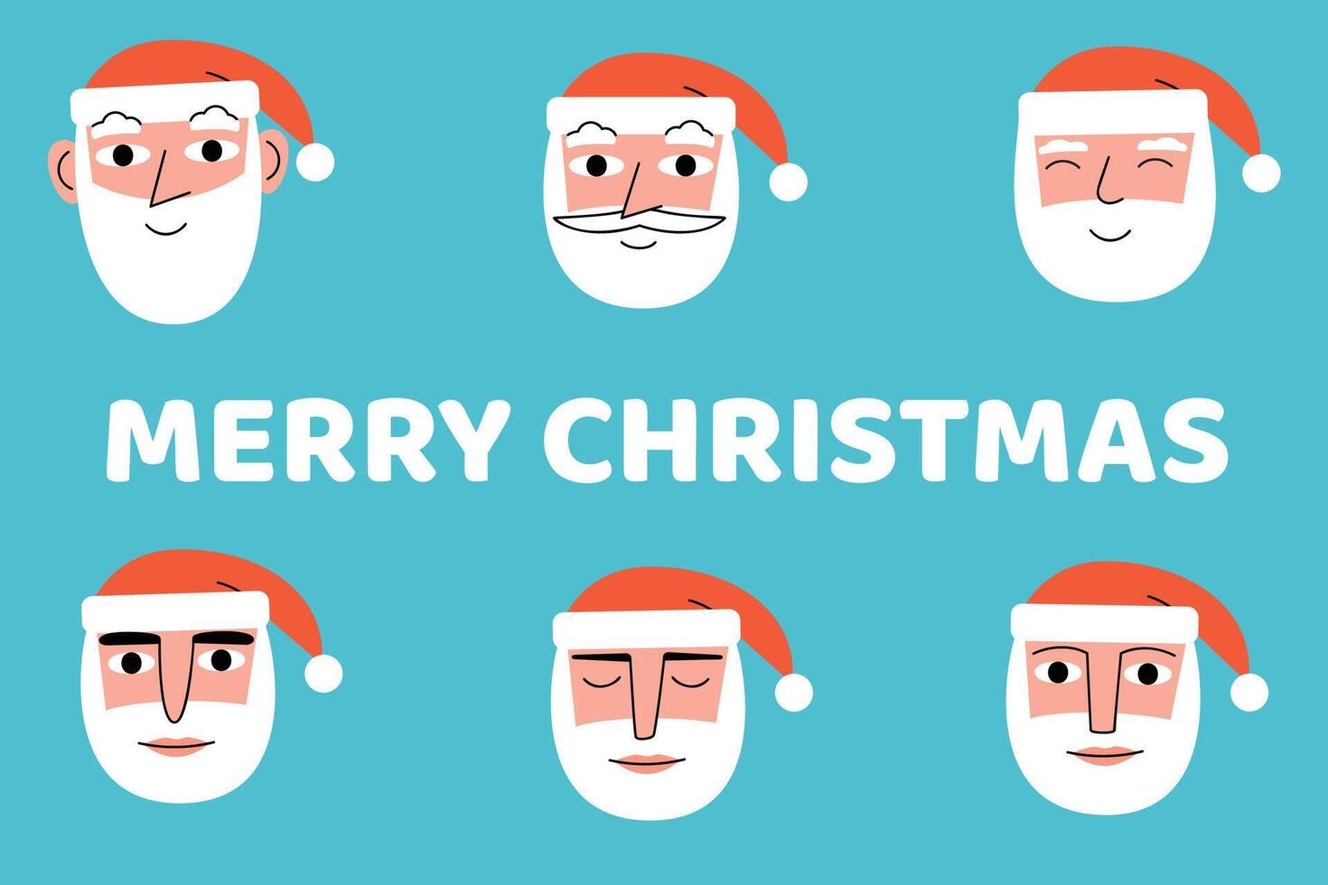 Santa Claus faces. Merry Christmas text. vector