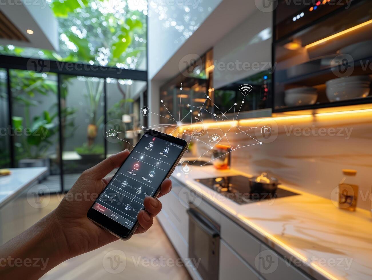 Smart Home Technology. Human hand is holding smart phone with launched Smart home application. photo