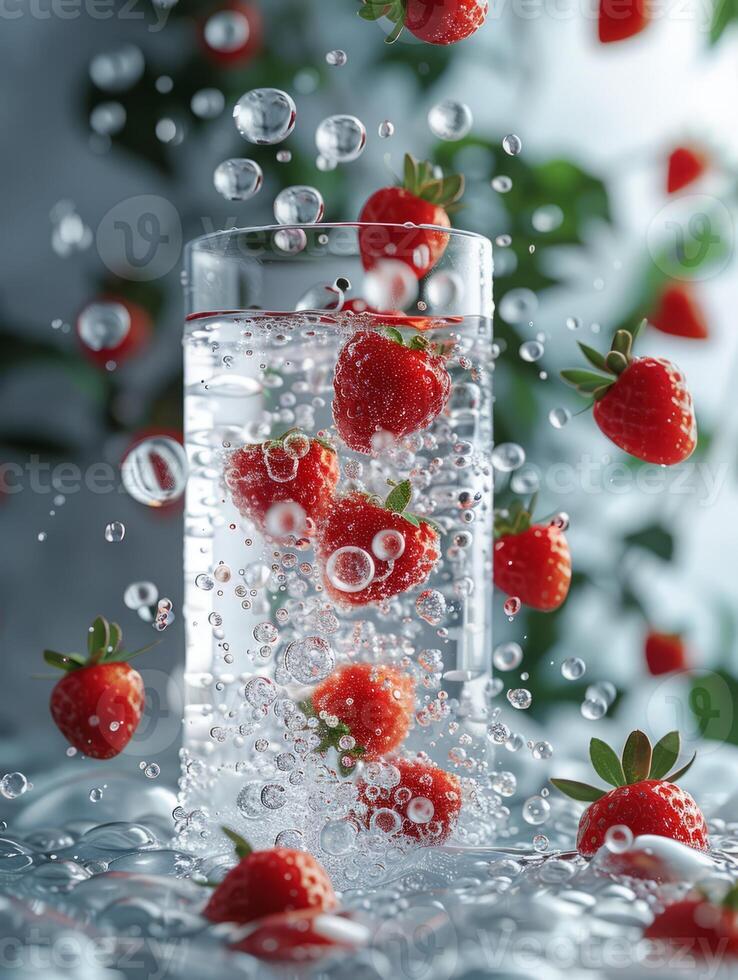 Fresh drink with strawberries and ice cubes. Summer beverage close up. Fresh drink with berries. photo