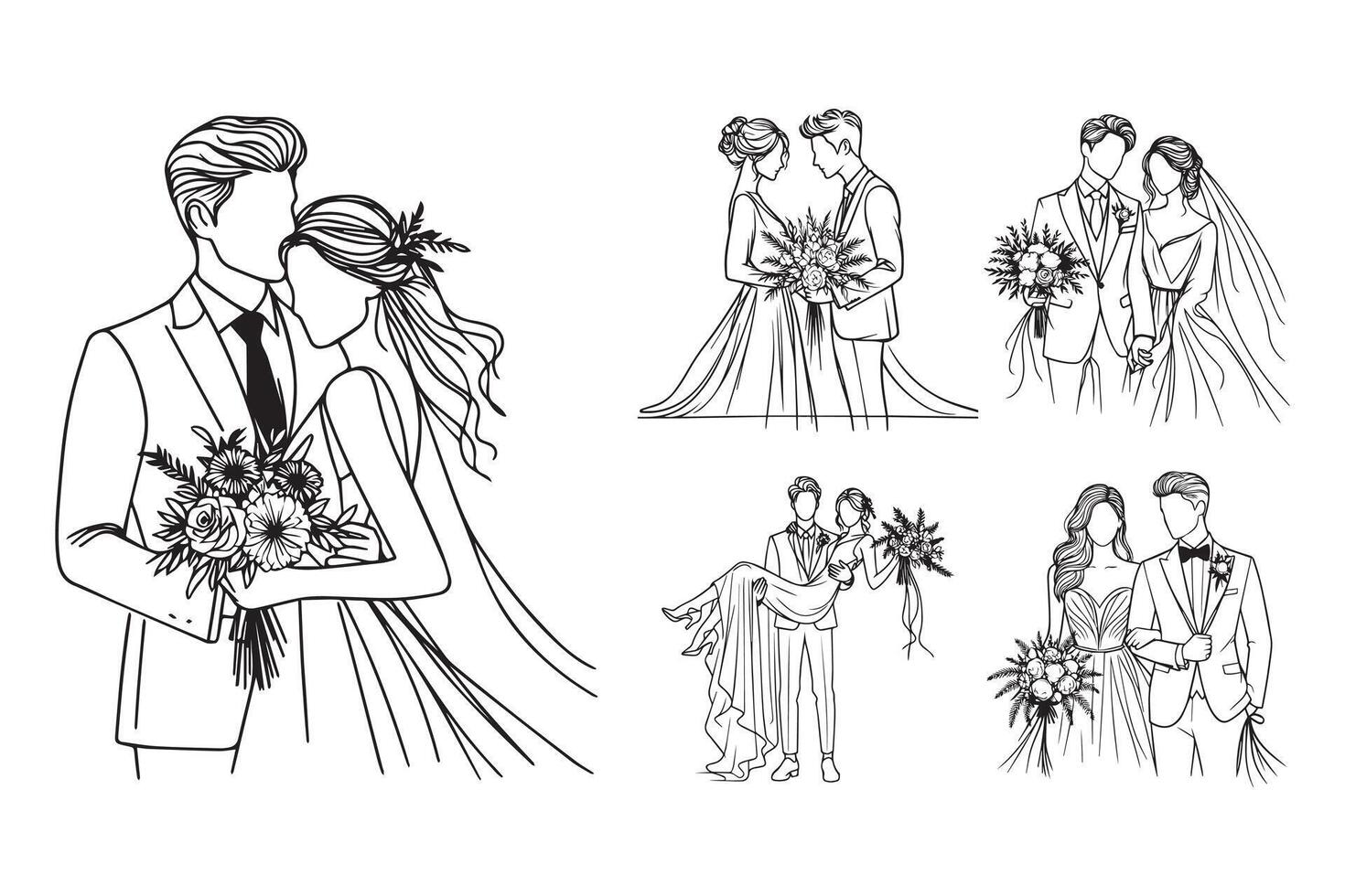 Black and white clipart featuring a romantic couple in a wedding setting vector