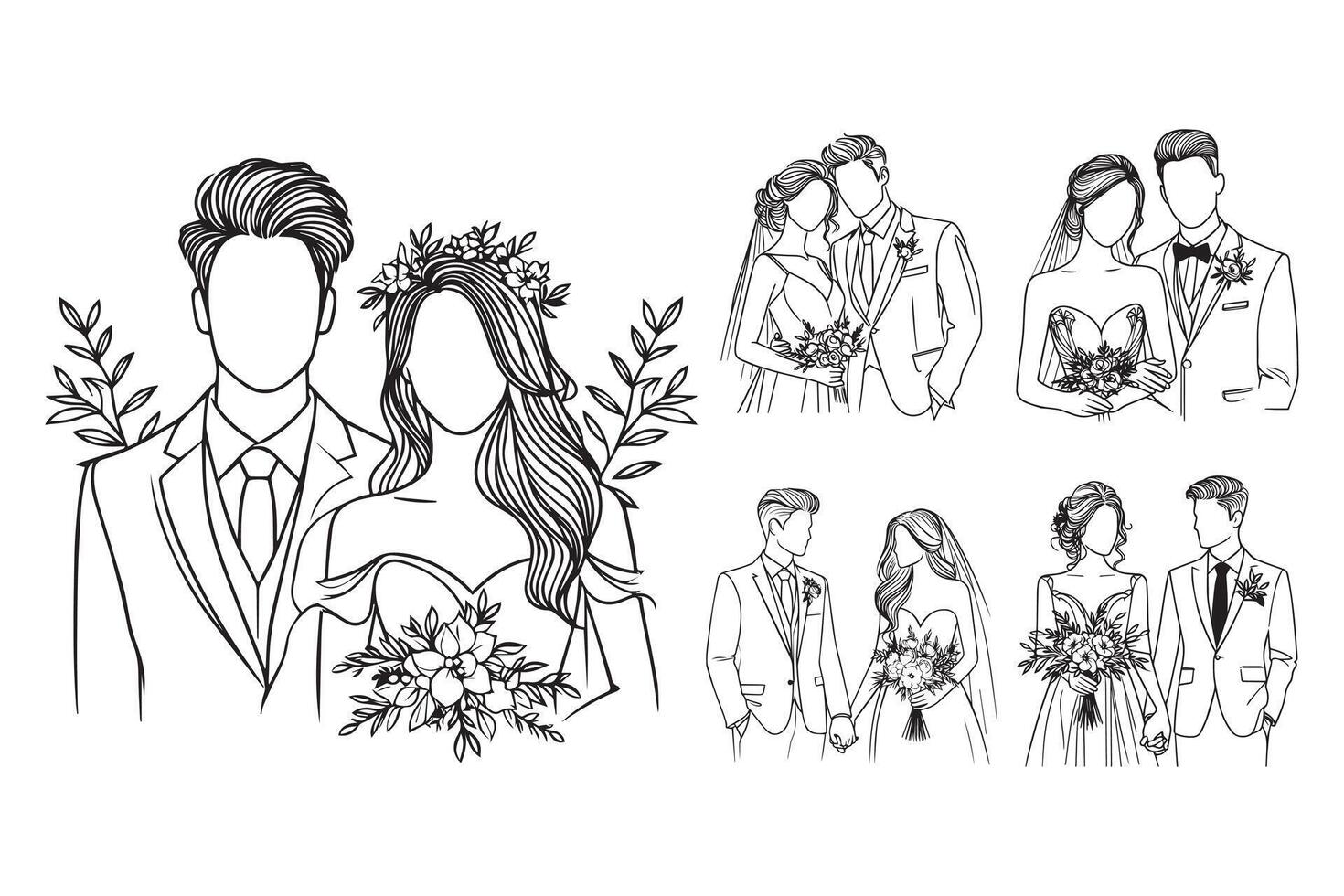 Intimately drawn clipart of a wedding couple in a beautiful black and white design vector