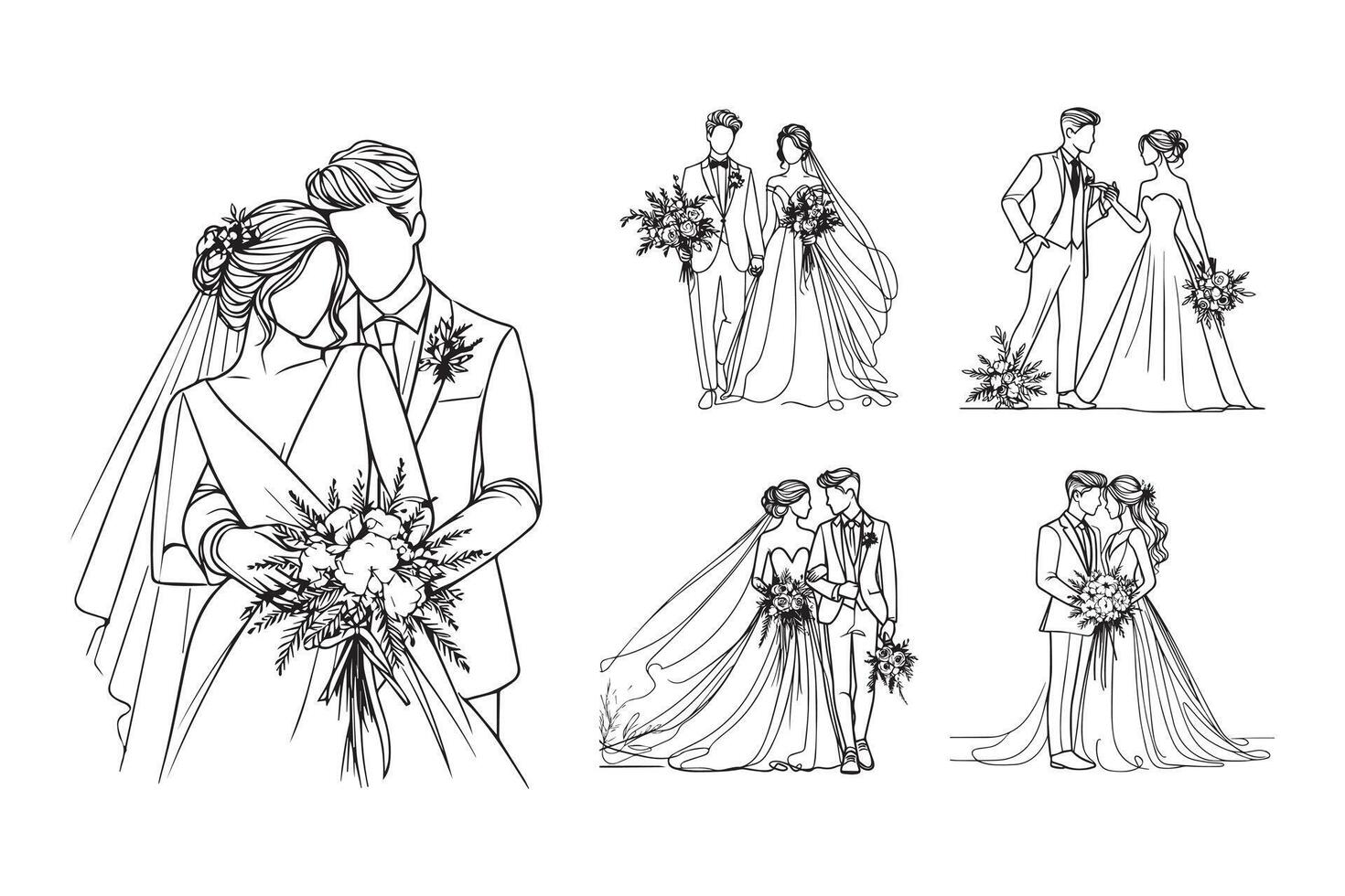 Romantic wedding couple illustration featuring a girl and a man in black white vector