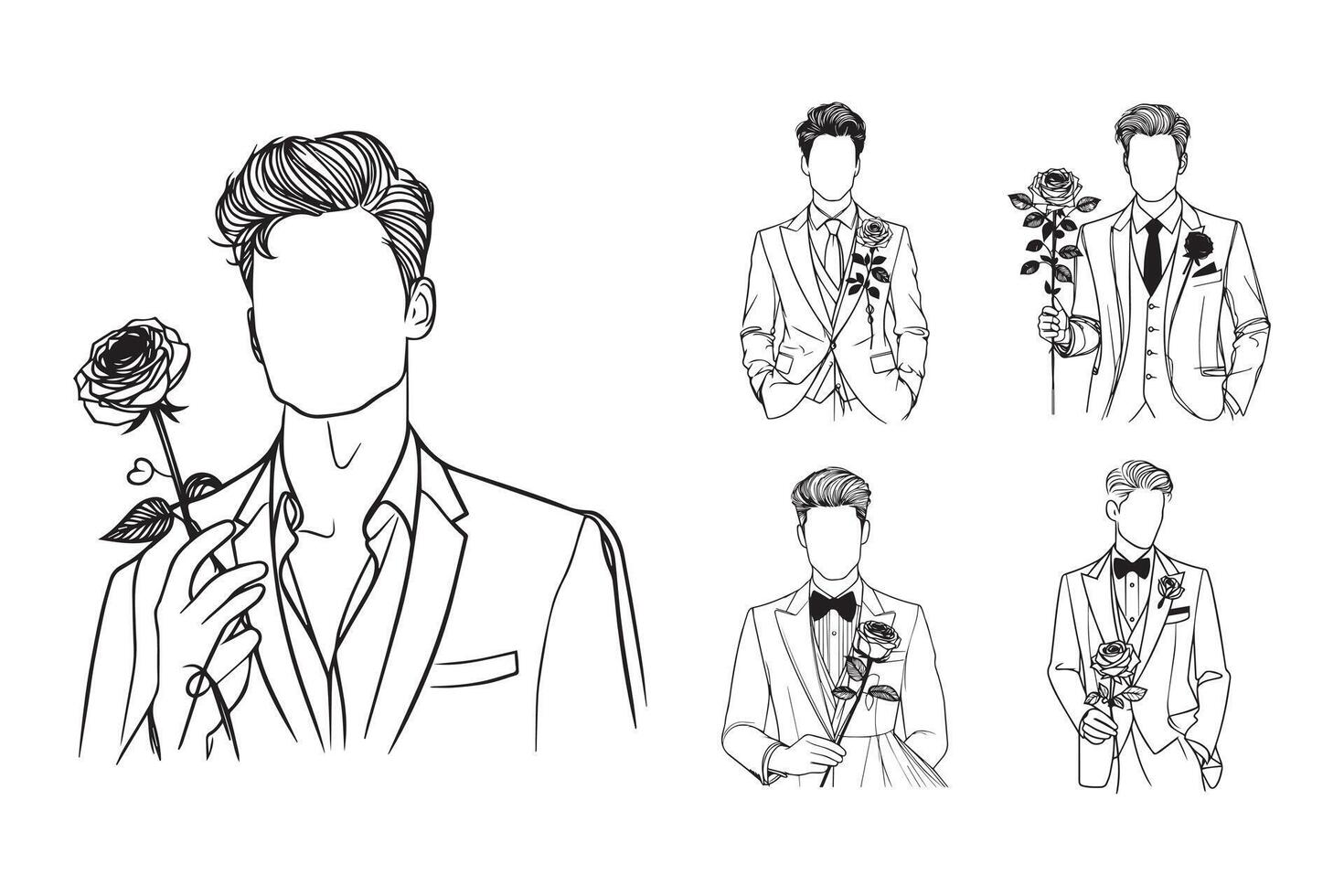 Illustration of a wedding scene with an elegant man and a rose in black and white vector