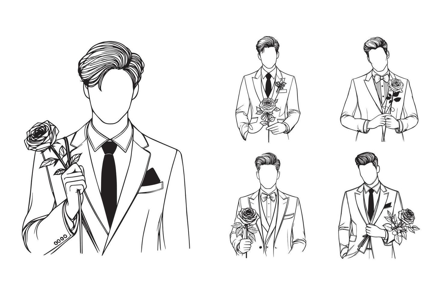 A hand-drawn line art illustration of an elegant man at a wedding with a rose vector