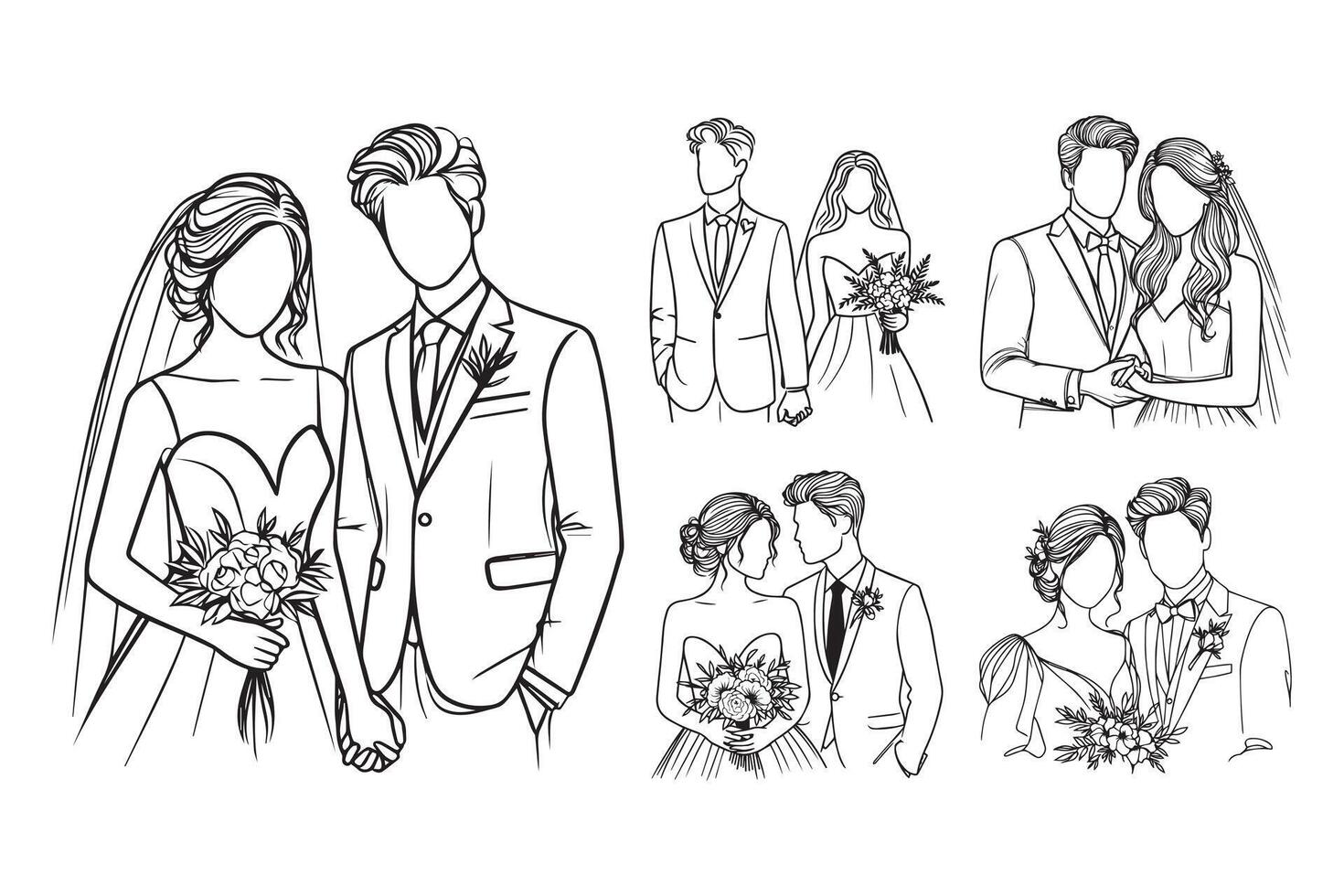A romantic illustration of a wedding couple, created in intimate line art style vector