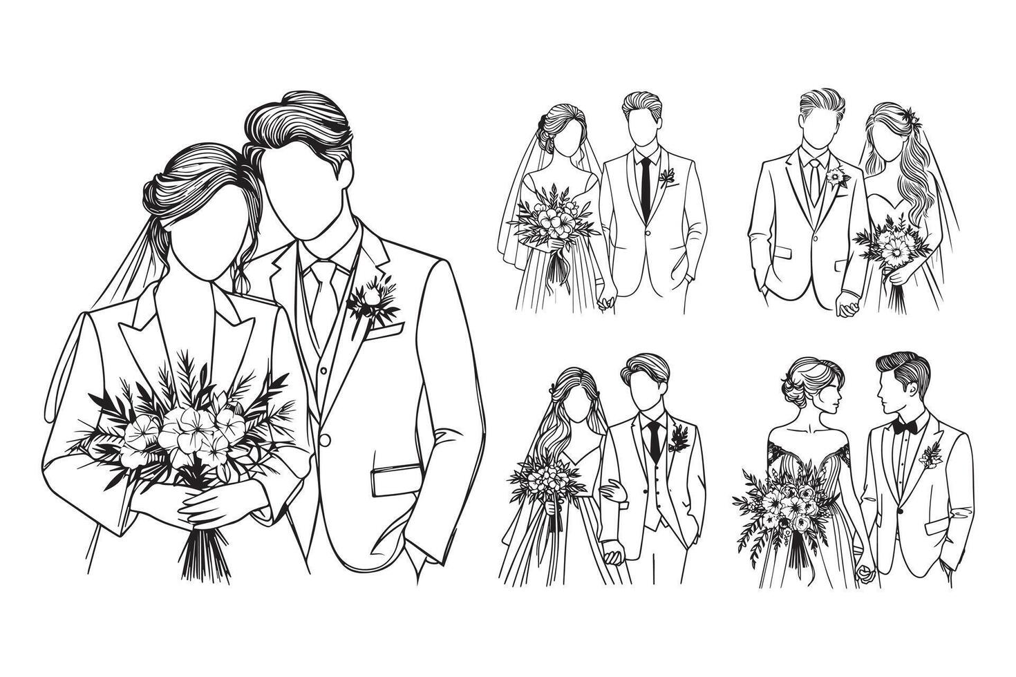 Line art depicting a wedding couple, emphasizing romance in a monochrome style vector