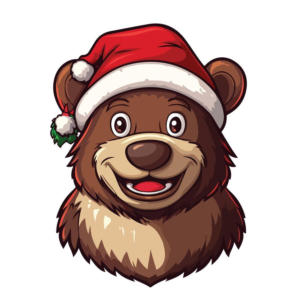 Joyful Cartoon Bear Wearing a Santa Hat Perfect for Holiday Greetings and Festive Designs vector