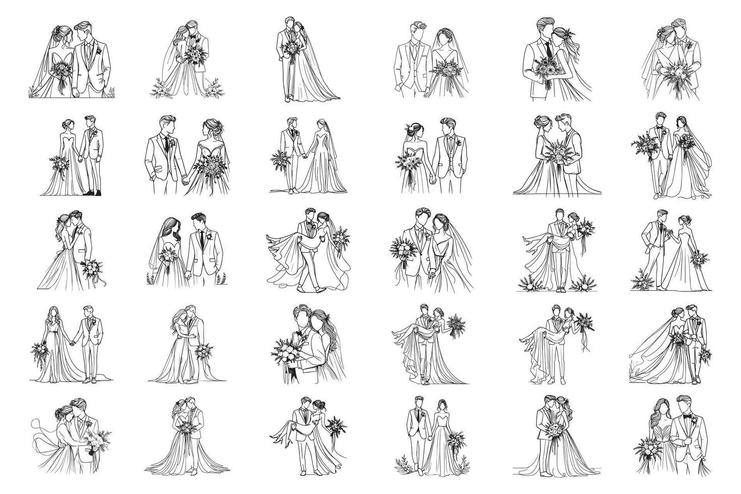 Bundle Line Art Romantic Wedding romantic couple Black and White Illustration Hand Drawn Clipart vector