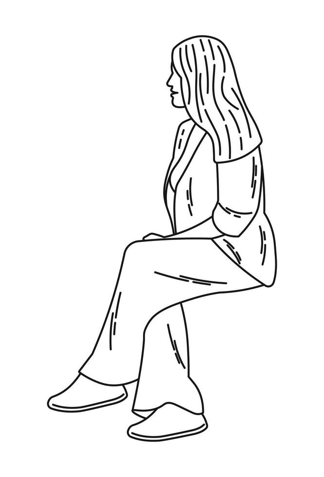 Woman sitting relaxed, talking, listens, silhouette on white background vector