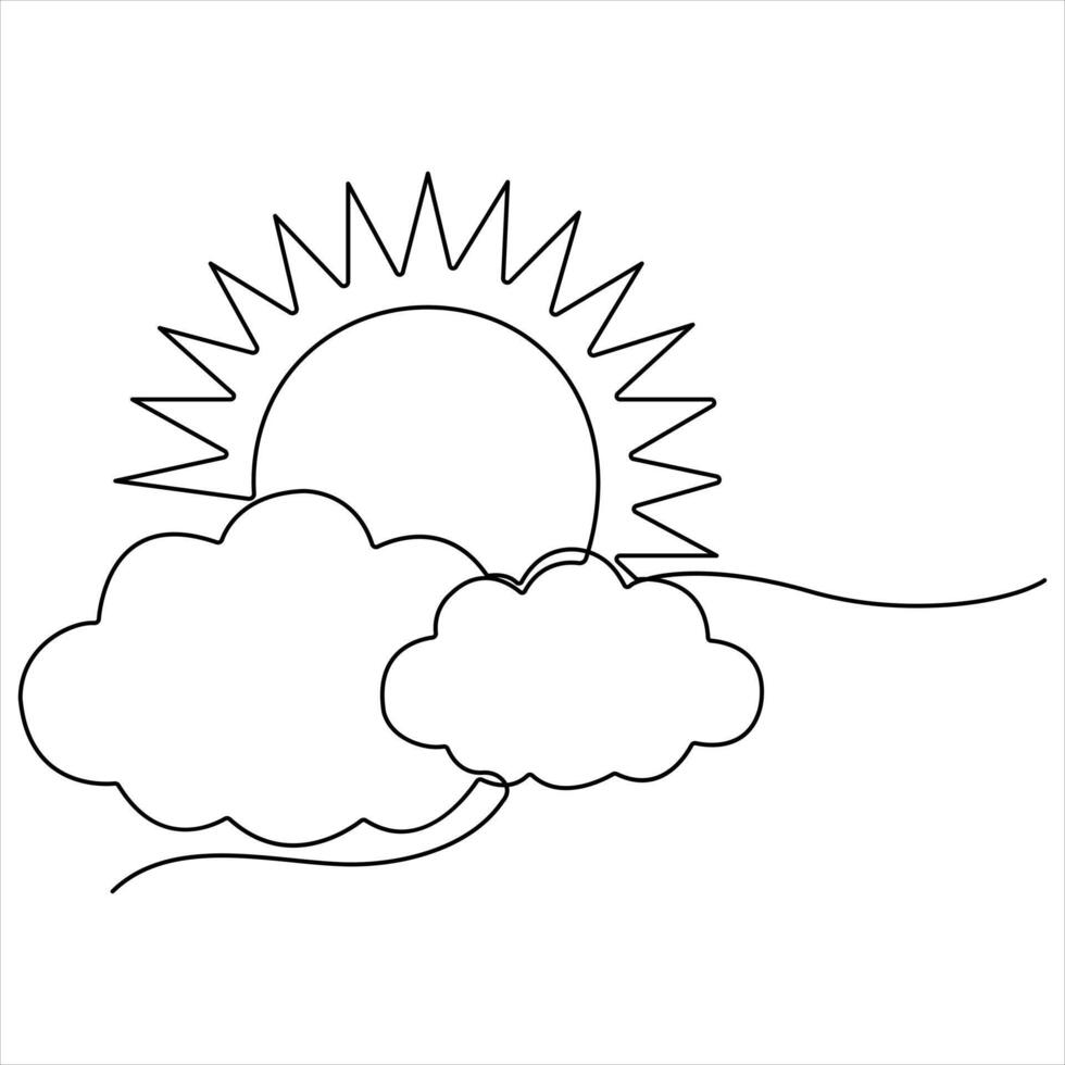 Continuous single line drawing of cloud with sun in the sky weather symbol and storge concept outline style illustration vector