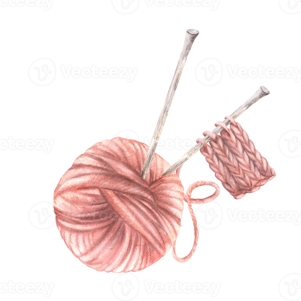 Pink ball of yarn, clew. Knitted fabric with knitting needles, thread Watercolor hand drawn illustration Clipart pastel coloured for crafting workshop, handmade product labels Isolated from background png