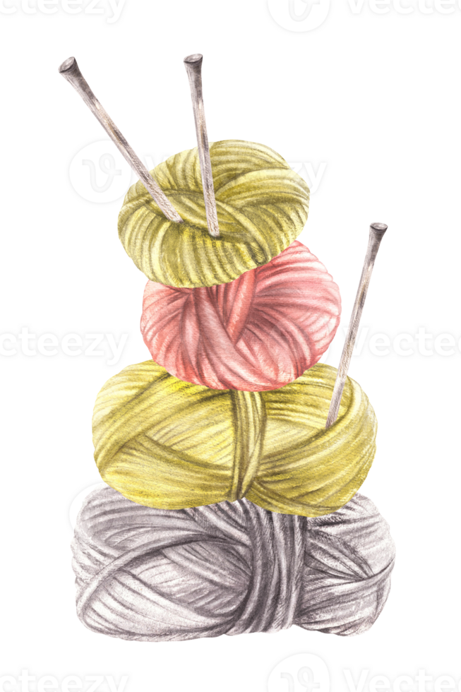 Balls of yarn threads in different color. Watercolor hand drawn illustration. Skeins of string with knitting needles. Hobby knitting arrangement, handicrafts label template isolated from background png