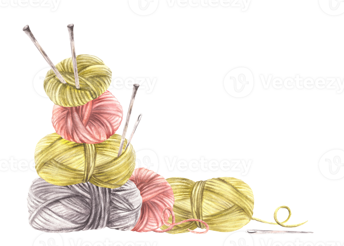 Balls of yarn, threads. Hobby knitting arrangement. Watercolor hand drawn illustration Skeins of string with knitting needles. Knitting sticker, handicrafts gift card, label isolated from background png
