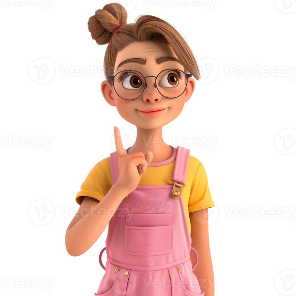 Cartoon girl with glasses and pink outfit pointing isolated on transparent background png