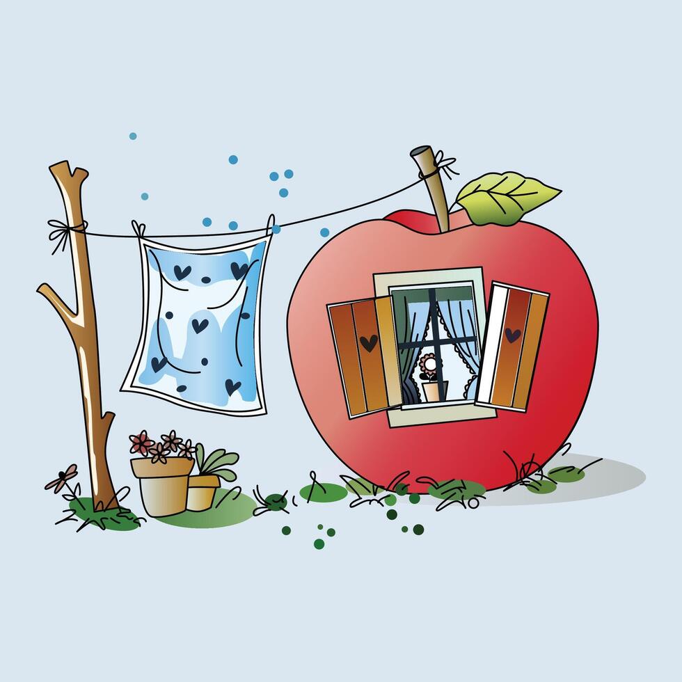illustration of A charming apple-shaped house in a garden vector
