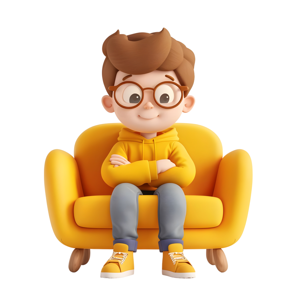 Cartoon boy with glasses sitting on a chair isolated on transparent background png