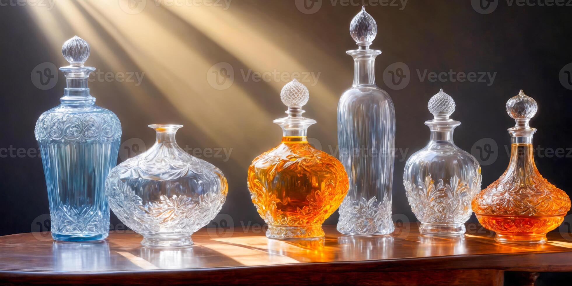 Crystal Decanters on Wooden Tabletop. photo