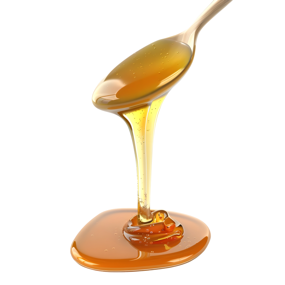 Golden honey dripping into small glass dish isolated on transparent background png