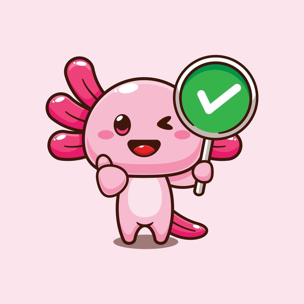 Axolotl with correct sign. mascot cartoon character illustration. vector