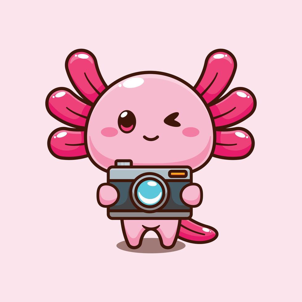 Axolotl with camera. mascot cartoon character illustration. vector