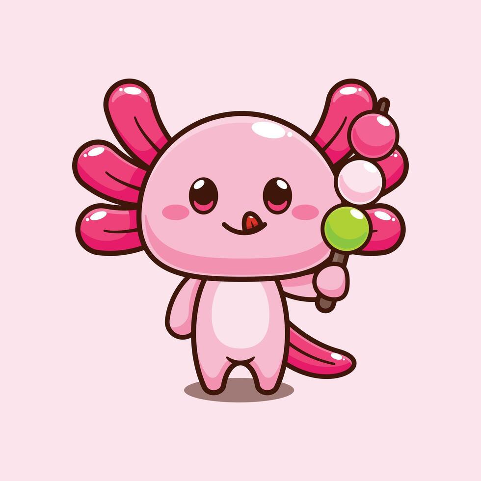 Axolotl eating dango. mascot cartoon character illustration. vector