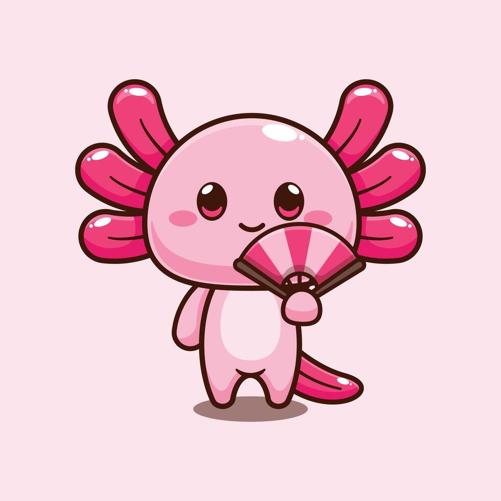 axolotl with hand fan. mascot cartoon character illustration. vector