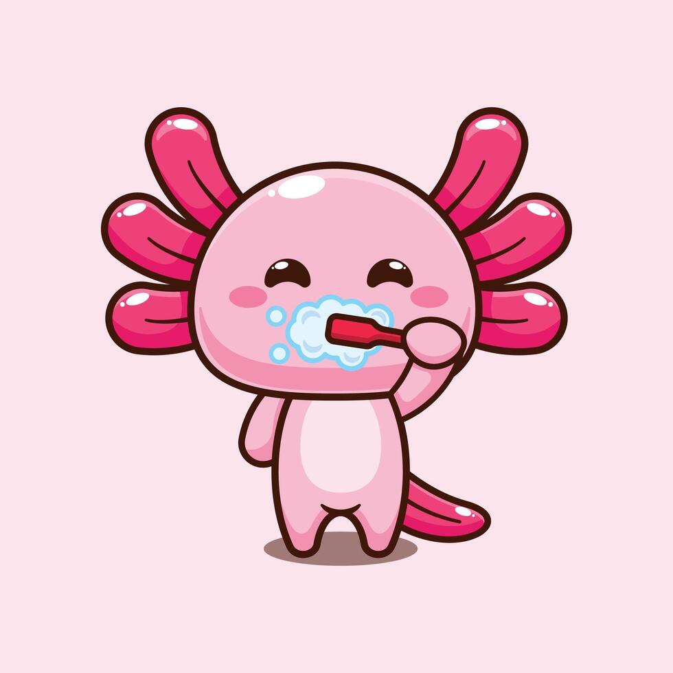 Axolotl brushing teeth. mascot cartoon character illustration. vector