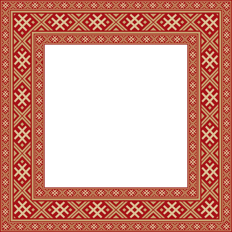red gold square belarusian national ornament frame. Ethnic pattern rectangle of Slavic peoples, Russian, Ukrainian, Serb, Pole, Bulgarian. Cross stitch template vector