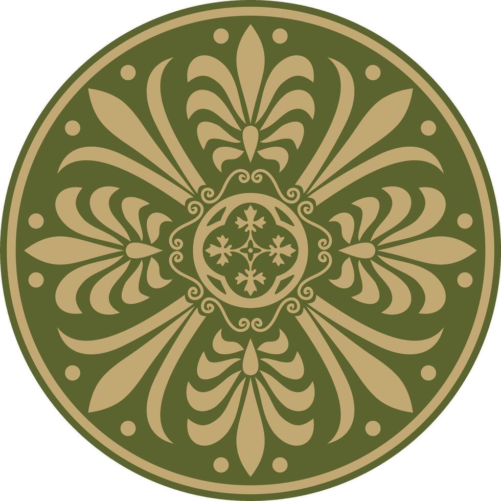gold with green classic Greek round ornament. Circle of Ancient Greece and the Roman Empire. Byzantine painting of walls, floors and ceilings. Decoration of European palaces. vector