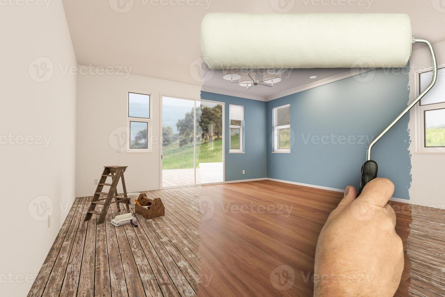 Before and After of Man Using A Paint Roller to Reveal Newly Remodeled Room with Fresh Green Paint, Coffered Ceiling and New Floors. photo