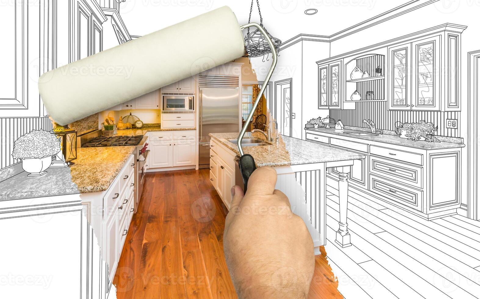 Before and After of Man Painting Roller to Reveal Custom Kitchen Photograph Under Pencil Sketch Drawing Plans. photo