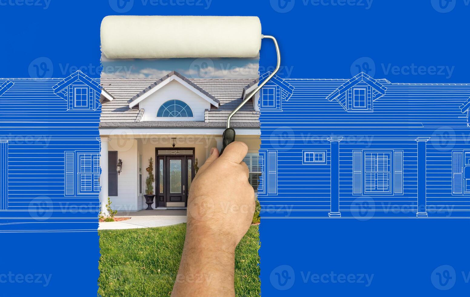 Before and After of Man Painting Roller to Reveal Custom Home Photograph Under Blueprint Sketch Drawing Plans. photo