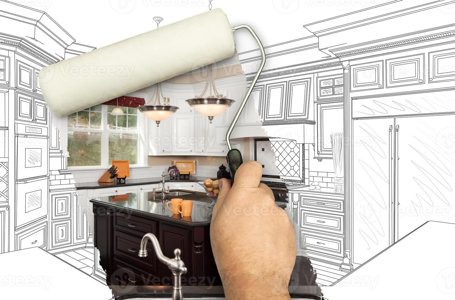 Before and After of Man Painting Roller to Reveal Custom Kitchen Photograph Under Pencil Sketch Drawing Plans. photo