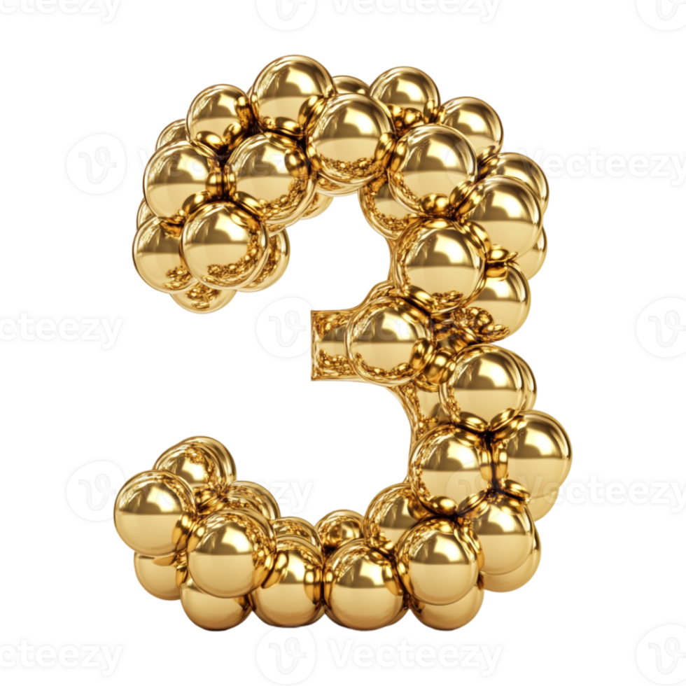 Golden balls arranged in the shape of a number three png