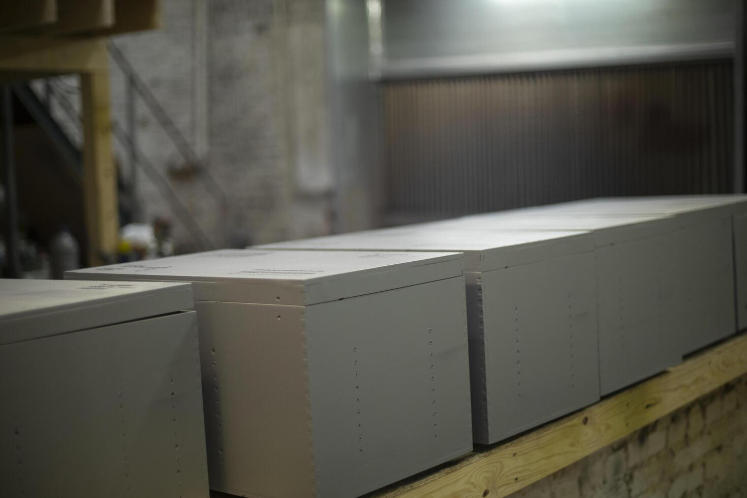 Drawers in carpentry workshop. Making boxes. Product made of boards. photo