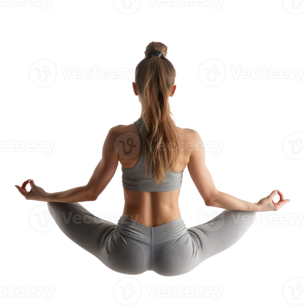 floated back view of young woman doing yoga in the air, isolate on transparency background png