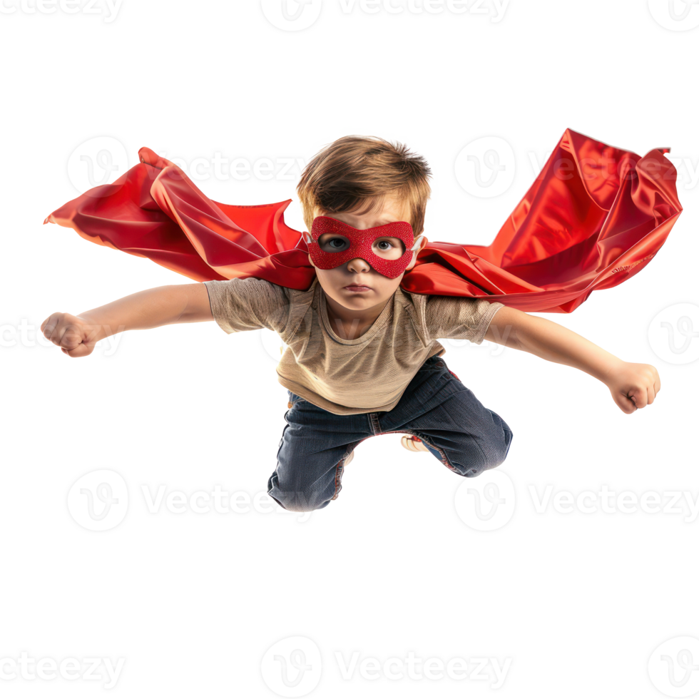 Little boy flying with superhero red cape and mask isolate on transparency background png
