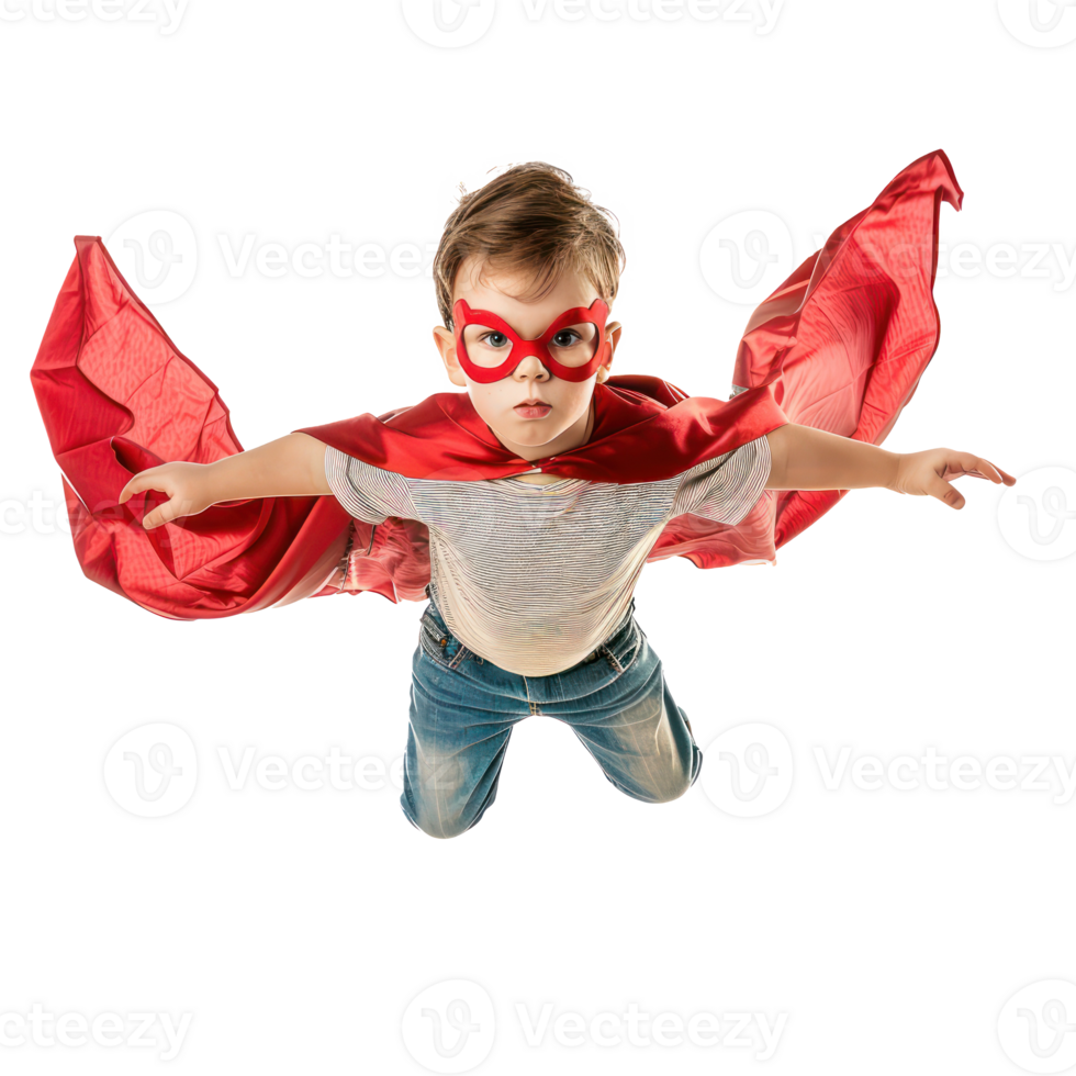 Little boy flying with superhero red cape and mask isolate on transparency background png