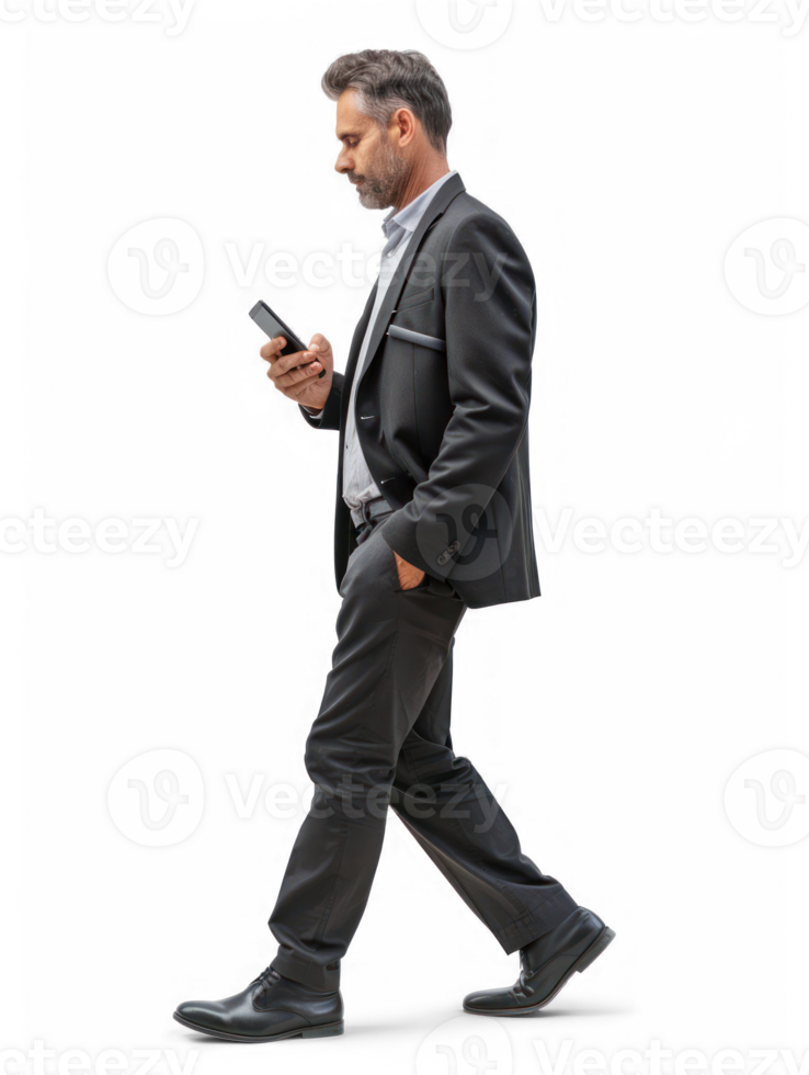 businessman using smartphone while walking, side view full body isolate on transparency background png