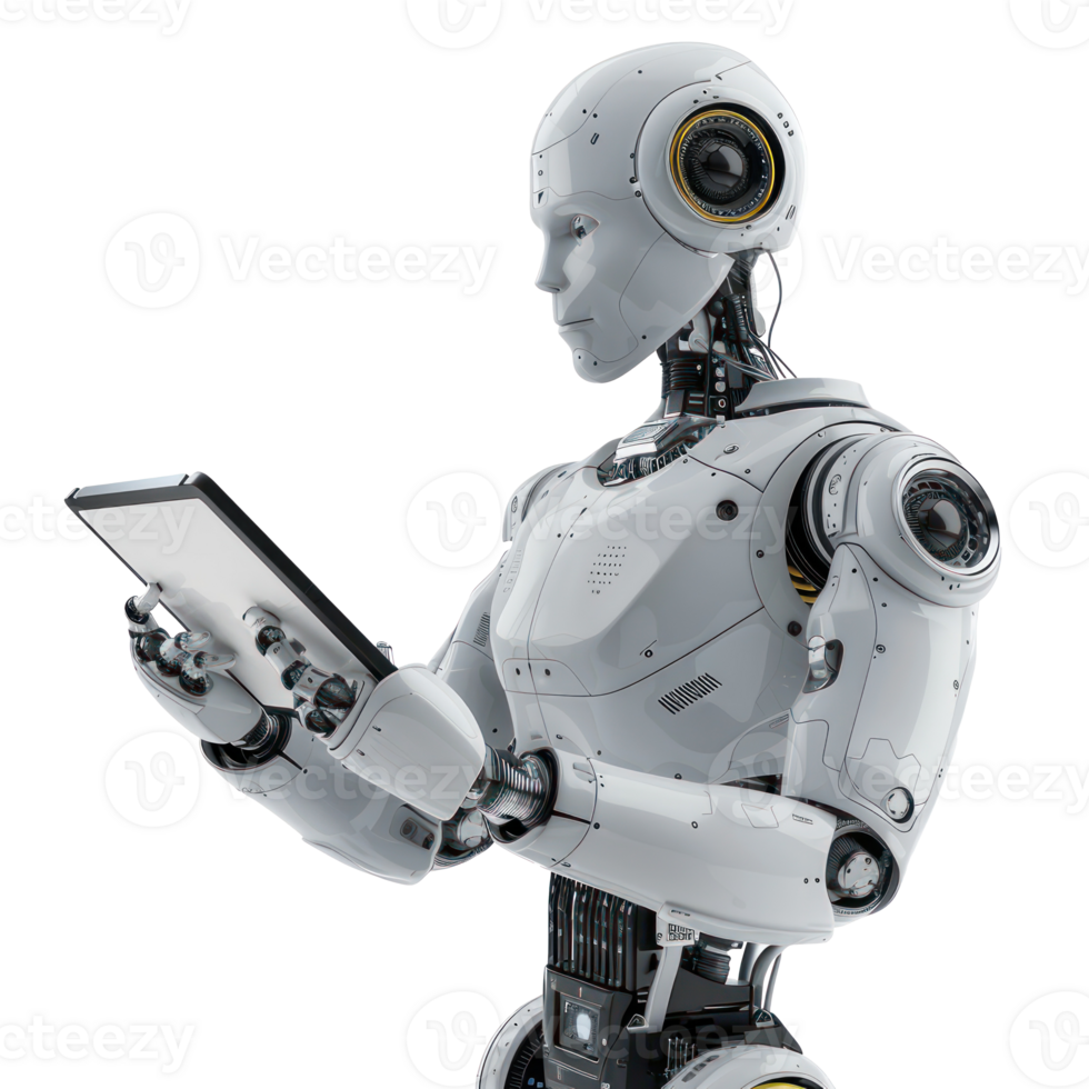 Ai robot using tablet isolate on transparency background png
