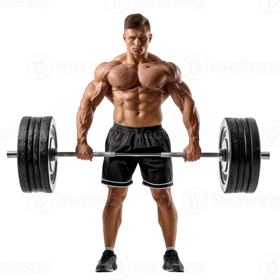 young man bodybuilder lift with heavy weights front view full length isolate on transparency background png
